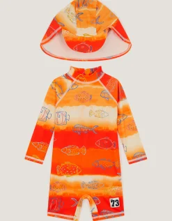 Fish Print UPF50+ Swimsuit & Sun Hat Orange