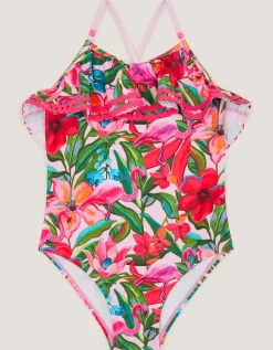 Flamingo Print Frill Swimsuit Pink
