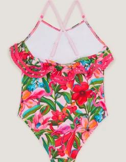 Flamingo Print Frill Swimsuit Pink