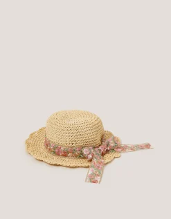 Floral Bow Straw Bucket Hat Pink