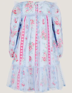 Floral Broderie Long Sleeve Dress & Hair Scrunchie Blue
