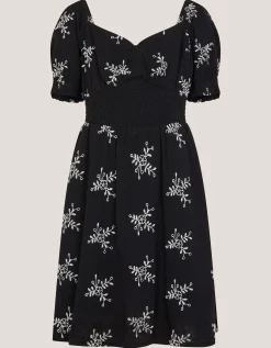 Floral Broderie Puff Sleeve Dress Black