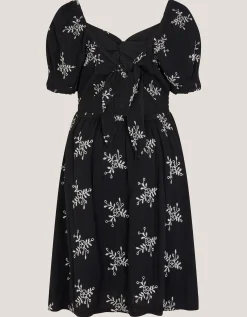 Floral Broderie Puff Sleeve Dress Black