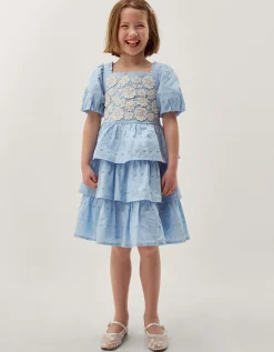 Floral Broderie Puff Sleeve Tiered Dress Blue