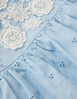 Floral Broderie Puff Sleeve Tiered Dress Blue