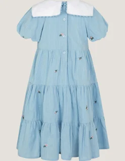Floral Embroidered Collar Dobby Dress Blue