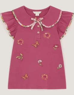 Floral Embroidered Cotton T-Shirt Pink