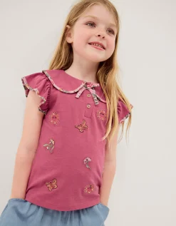 Floral Embroidered Cotton T-Shirt Pink