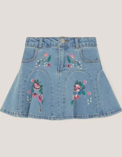 Floral Embroidered Denim Mini Skirt Blue