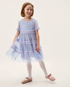 Floral Embroidered Floral Tulle Tier Dress Blue