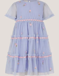 Floral Embroidered Floral Tulle Tier Dress Blue
