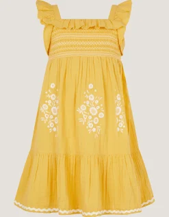 Floral Embroidered Frill Dress Yellow
