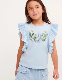 Floral Embroidered Frill T-Shirt Blue