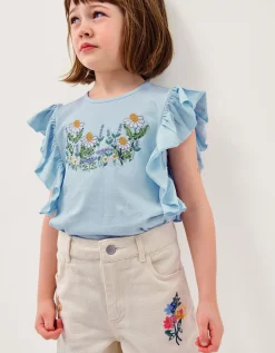 Floral Embroidered Frill T-Shirt Blue