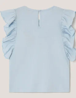 Floral Embroidered Frill T-Shirt Blue