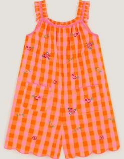 Floral Embroidered Gingham Playsuit Orange
