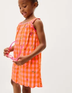 Floral Embroidered Gingham Playsuit Orange