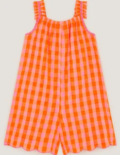 Floral Embroidered Gingham Playsuit Orange