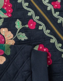 Floral Embroidered Quilted Bomber Jacket Blue