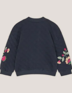 Floral Embroidered Quilted Bomber Jacket Blue