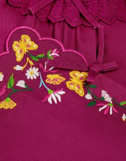 Floral Embroidered Scallop Trim Trousers Pink