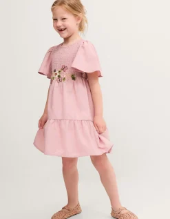Floral Embroidered Smocked Dress Pink