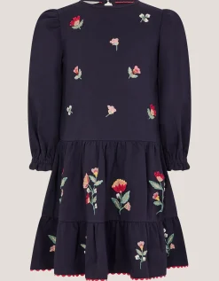 Floral Embroidered Tiered Dress Blue