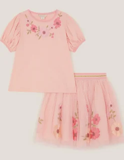 Floral Embroidered Top & Skirt Set Pink
