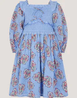 Floral Heart Long Sleeve Smocked Dress Blue