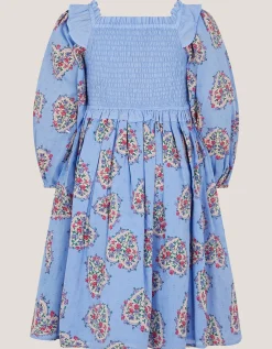 Floral Heart Long Sleeve Smocked Dress Blue