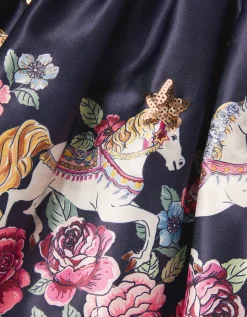 Floral Horse Print Satin Skirt Blue