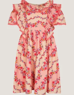 Floral Lace Trim Frill Dress Pink