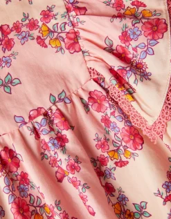 Floral Lace Trim Frill Dress Pink