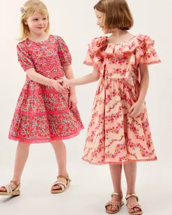 Floral Lace Trim Frill Dress Pink