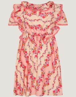 Floral Lace Trim Frill Dress Pink