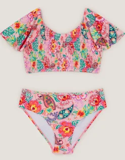 Floral Paisley Short Sleeve Bikini Set Multi