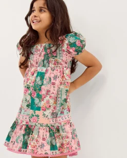 Floral Patchwork Shirred Dress Green