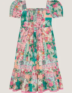 Floral Patchwork Shirred Dress Green