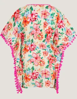 Floral Print Pom Pom Kaftan White