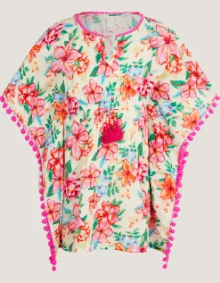 Floral Print Pom Pom Kaftan White