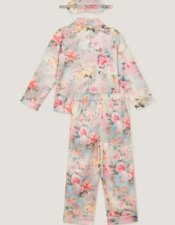 Floral Print Satin Long Pyjama & Eye Mask Set Multi