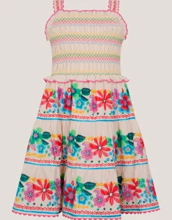 Floral Print Shirred Dress White