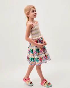 Floral Print Shirred Dress White