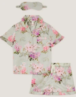 Floral Satin Short Pyjamas & Eye Mask Set Green