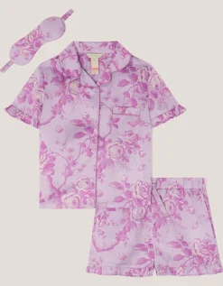 Floral Satin Short Pyjamas & Sleep Mask Set Purple