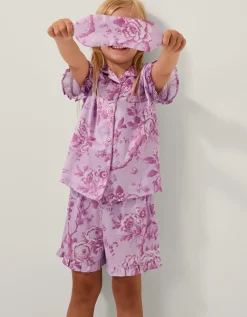 Floral Satin Short Pyjamas & Sleep Mask Set Purple