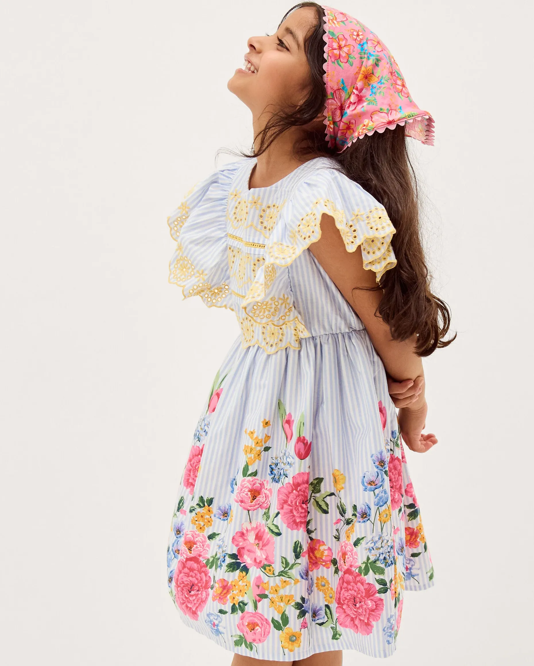 Floral Stripe Broderie Sleeve Dress Blue