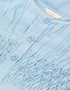 Flower Button Smocked Dress Blue