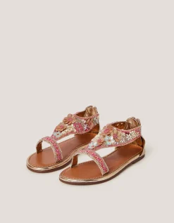 Flower Embellished Metallic Sandals Multi