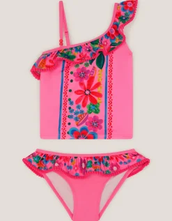 Flower Print Ruffle Tankini Set Pink